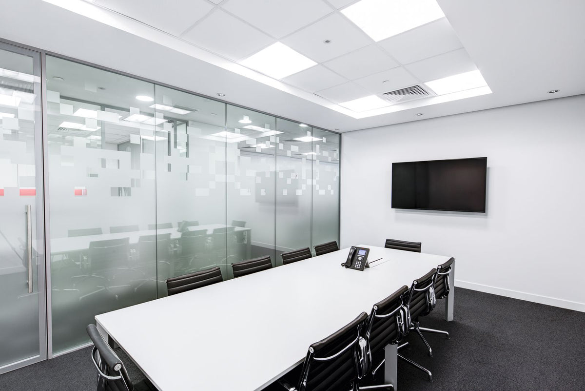 Glass-walled conference room
