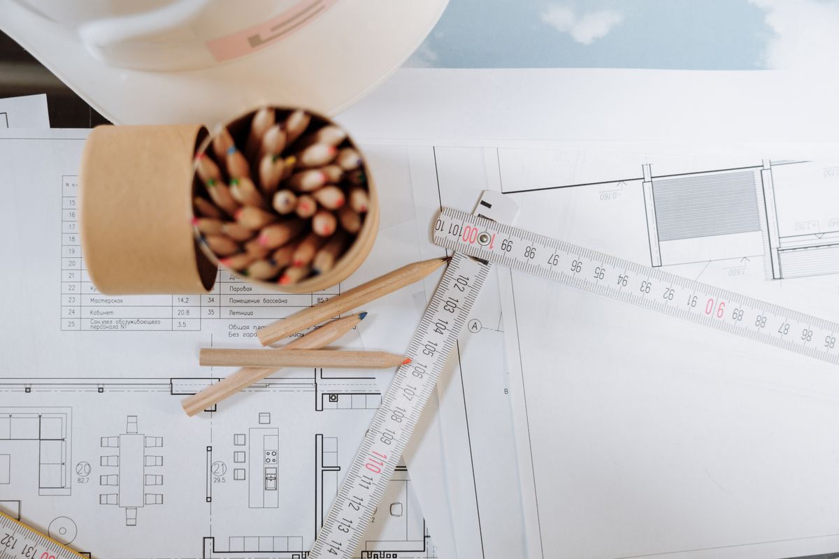 Pencils and ruler on architectural drawings