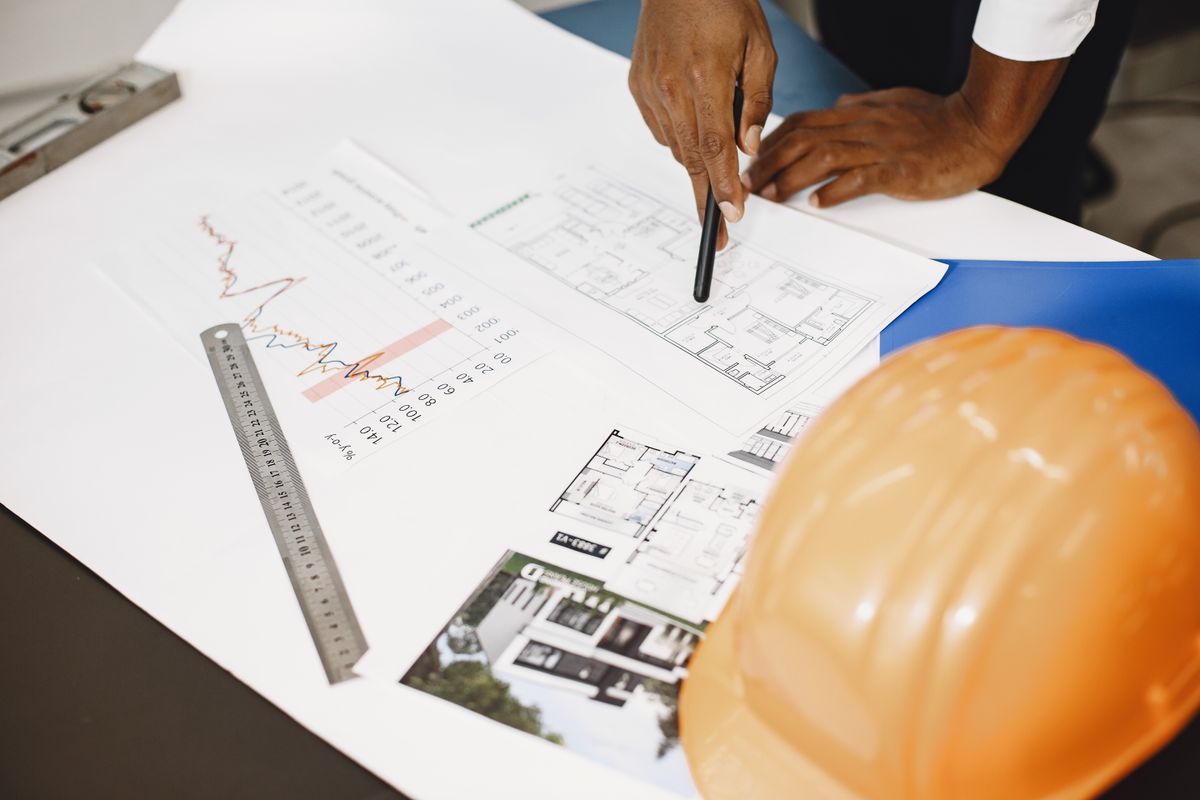 Building plans on a desk